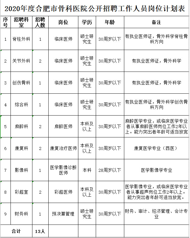 合肥市骨科醫(yī)院公開招聘工作人員崗位計劃表